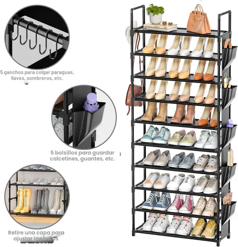 Miniatura 5 de Zapatero Alto de 10 Niveles Organizador de Zapatos de 10 Niveles para Armario, Estante de Zapatos de Metal con Almacenamiento, Torre de Zapatero