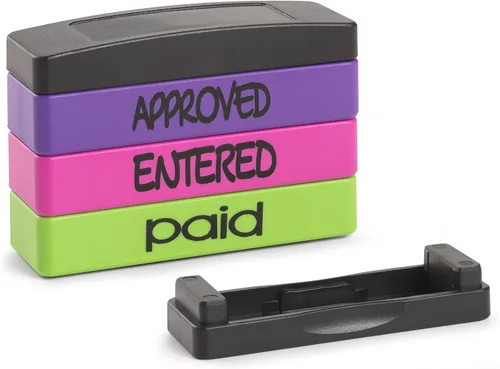 Miniatura 6 de Stakz - Sello de mensaje preentintado – Aprobado, ingresado, pagado – tinta púrpura, rosa, verde – Tamaño de impresión: 5/8 "x 1-13/16