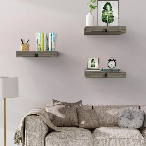 Miniatura 7 de Juego de 2 estantes flotantes con cajón, mesita de noche para dormitorio, baño o cocina, estante de pared de 16 pies con almacenamiento, color gris