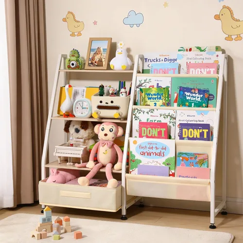 Estantería para niños y almacenamiento de juguetes para habitaciones de niños, estantería para bebés con 4 estantes de eslinga y organizador de