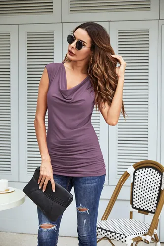 Miniatura 2 de Zeagoo - Camiseta sin mangas elástica de cuello holgado y fruncido, con drapeado lateral, para mujer
