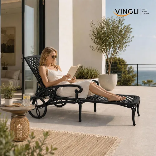 Miniatura 2 de VINGLI Tumbona de aluminio fundido para exteriores con ruedas, tumbona de patio con respaldo ajustable de 3 posiciones, silla reclinable