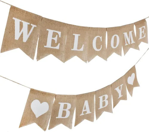 Miniatura 3 de Letreros de bienvenida de arpillera para baby shower, banderas de revelación de género, decoración de fiesta para baby shower, pancarta rústica