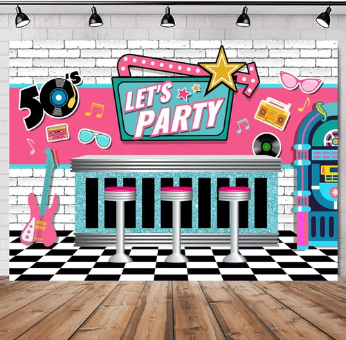 SVBright Fondo de fiesta Let's Party de los años 50, 7 pulgadas de ancho x 5 de alto, tienda rural de soda vintage, blanco, negro, a cuadros, rosa,