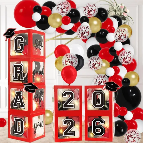 Miniatura 7 de DAZONGE Decoraciones de graduación 2026 negro y dorado – Juego de 4 cajas de graduación con 139 piezas de guirnalda de arco de globos y 4 cuerdas