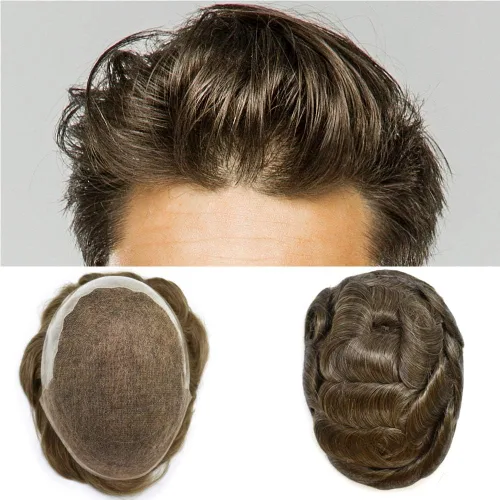 Miniatura 8 de Mens Toupee Swiss Lace Mens Hair Piece Sistema de reemplazo de cabello para hombres Toupee para hombres Cabello humano nudo blanqueado protesis