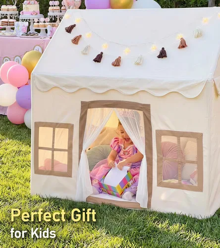 Miniatura 7 de Little Dove Tienda de campaña para niños con alfombra, luces de estrella, guirnalda de borlas, casa de juegos para niños con ventanas fáciles