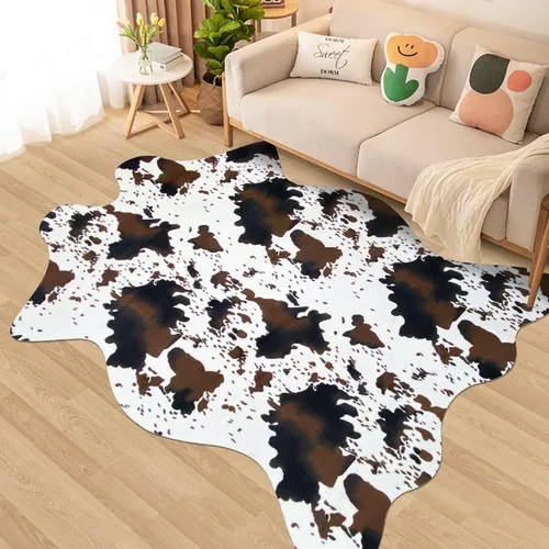 Miniatura 22 de Bonita alfombra con estampado de vaca, pequeña de piel sintética de vaca en blanco y negro, alfombra con estampado animal para mesa, dormitorio
