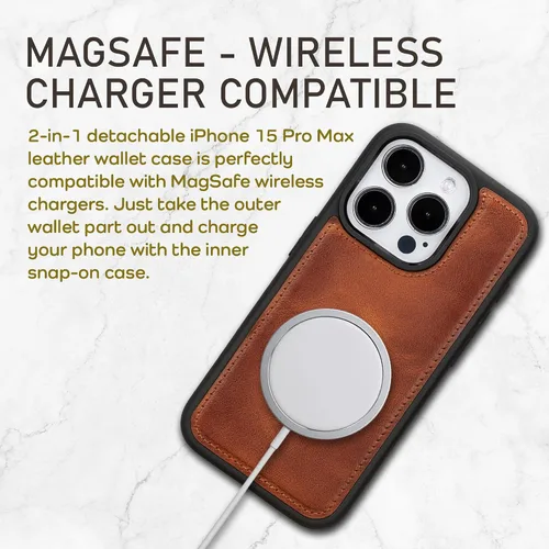 Miniatura 4 de Bayelon Funda tipo cartera para iPhone 15 Pro Max, de cuero de grano completo, cubierta abatible magnética desmontable, tarjetero, funda tipo Marrón