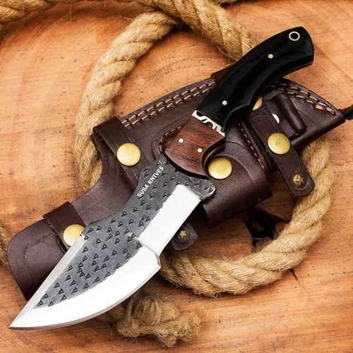 Cuchillo de acero D2 hecho a mano - Cuchillo de supervivencia - Para camping - Cuchillo táctico negro - Para caza con funda, hoja fija, transporte