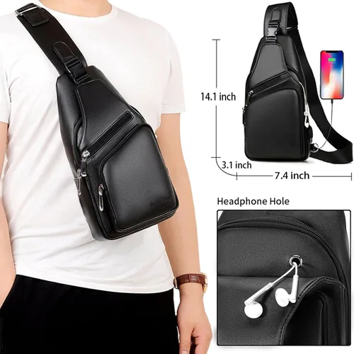 Miniatura 2 de Bolso bandolera de cuero para hombre, impermeable, bandolera con puerto de carga USB, bolsa de hombro, Negro, talla única, Mochilas Sling