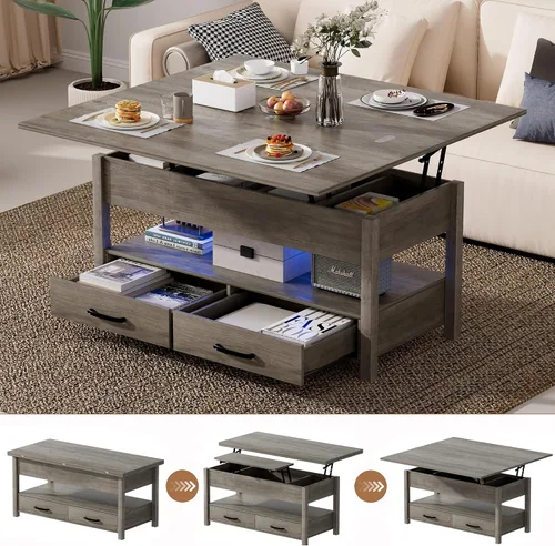 Miniatura 8 de SYESWAY Mesa de Centro Elevable de 39.4" con Estación de Carga, Mesa de Centro Multifuncional 4 en 1 con Almacenamiento y Compartimentos Ocultos