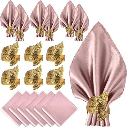 Miniatura 9 de VIJIV Juego de 12 servilletas de tela y juego de 6 anillos de servilleta dorados, 17x17 servilletas de cena cuadradas de satén para mesa, anillos