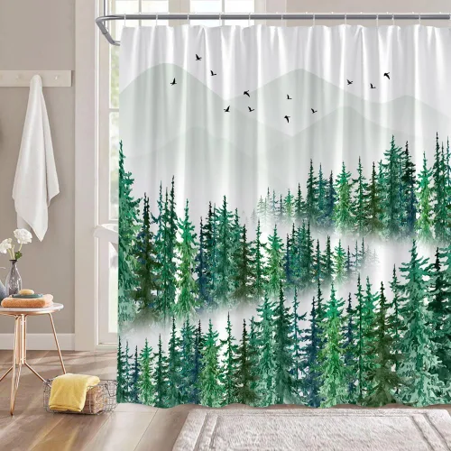 Miniatura 4 de Cortina de ducha de bosque brumoso, pino, acuarela, abstracta, selva, montaña, planta azul, rústico, misterioso, paisaje, decoración de baño