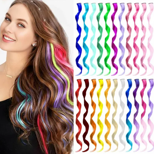Miniatura 15 de 16 extensiones de cabello sintético rizado y ondulado con clip, para niñas y mujeres, coloridos resaltados para fiestas, cosplay, festival, regalo