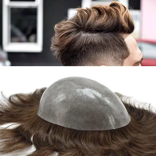 Miniatura 39 de Toupee para hombres Cabello humano real suave Poly Skin Mens Toupee Hair Units System Natural Looking Grey Brown Blonde Mens Hairpiece Protesis