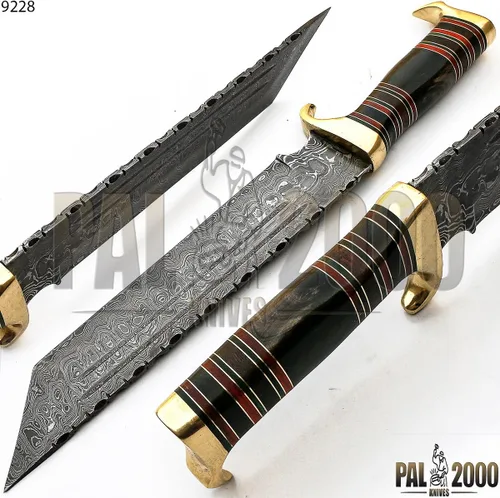 Miniatura 9 de Cuchillo de acero de Damasco hecho a mano personalizado de 15 pulgadas con mango de cuerno de búfalo hoja con funda, Sttm-9228, negro, marrón y gris