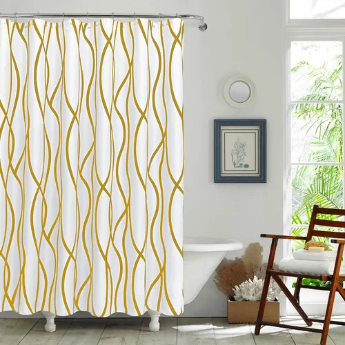 Miniatura 2 de Biscaynebay - Cortina de ducha extralarga de tela texturizada de 72 x 72 pulgadas, cortinas de baño modernas de lino con rayas doradas impresas