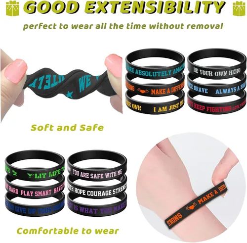 Miniatura 7 de ZIQON 12 piezas de pulseras de goma inspiradoras, pulseras de silicona con citas motivacionales, pulseras elásticas de colores, unisex