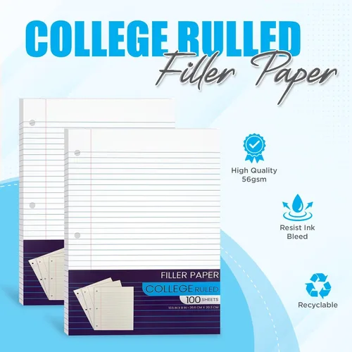 Miniatura 2 de Cuaderno de papel con rayas universitarias, hojas sueltas, a granel, papel de relleno rayado para carpetas de 3 anillas, 10.5 x 8 pulgadas