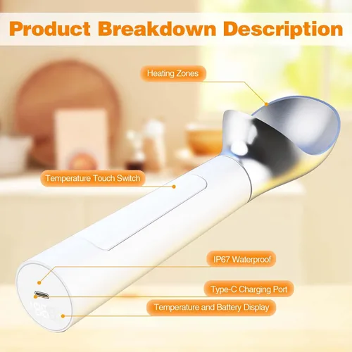 Miniatura 5 de Cuchara de helado calentada recargable, impermeable, cuchara eléctrica para helado duro, recargable con pantalla LED, calienta a 158 °F para tiendas