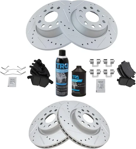 Miniatura 2 de TRQ Kit de pastillas de freno delanteras y traseras y rotores de cerámica de alto rendimiento con revestimiento en G ranurado X perforado compatible