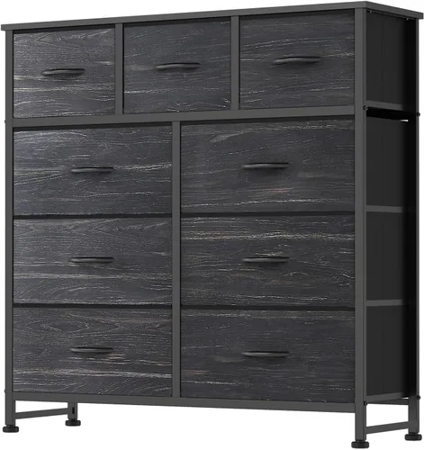 Miniatura 22 de DUMOS Cómoda para dormitorio, organizador de almacenamiento con 9 cajones, cómoda con cubos de tela, marco de metal resistente, mesa de madera
