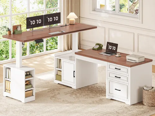 Miniatura 11 de SEDETA Escritorio eléctrico acanalado en forma de L, 63 x 67 pulgadas de altura ajustable para oficina en casa con cajones y estantes, escritorio