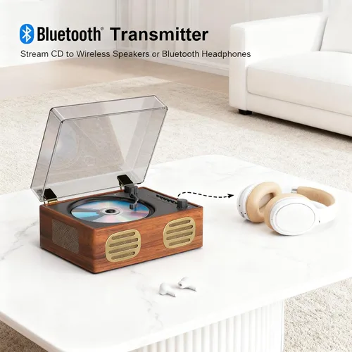 Miniatura 2 de Reproductor de CD portátil para el hogar, reproductores de CD BT retro recargables, transmisión inalámbrica Boombox de escritorio con altavoces HiFi