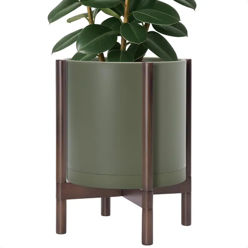 Miniatura 45 de Maceta de D'vine Dev con soporte - Maceta de flores de cilindro de plástico de 8.0 pulgadas con soporte de madera para interiores, maceta mate negra
