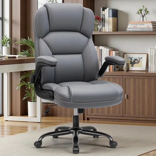 Silla de Oficina Ejecutiva de Cuero PU, Silla Ergonómica de Respaldo Alto para Computadora y Juegos con Altura Ajustable, Giratoria con Ruedas y Gris