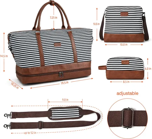 Miniatura 6 de OPAGE Bolsa de fin de semana para mujer, bolsa de lona con compartimento para zapatos, bolsa de viaje de 3 piezas