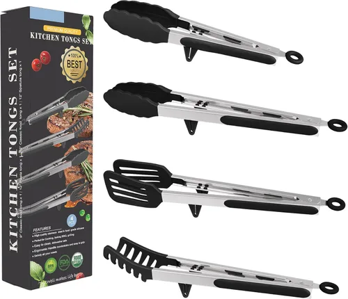 Juego de pinzas de cocina de acero inoxidable 4 en 1 para cocinar con puntas de silicona, tostadora de bistec, pizza, pasta, espagueti, fideos, Negro