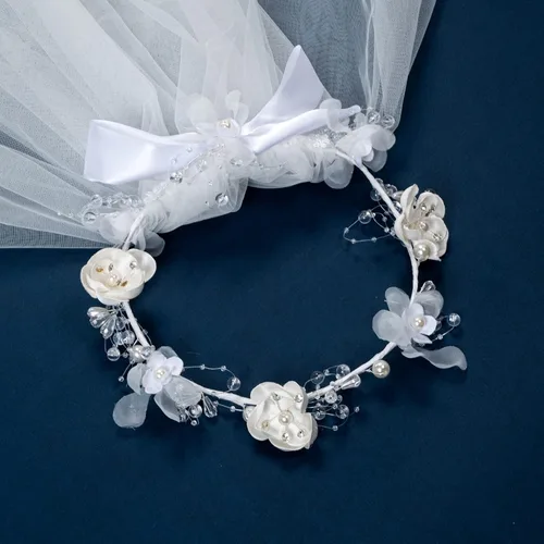 Miniatura 3 de Fleursun Corona de cabeza de niña con velo de primera comunión con velo blanco floral