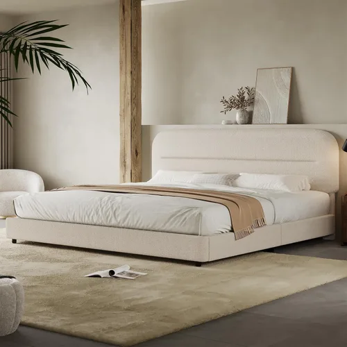 Miniatura 26 de HOMBCK - Base de cama tapizada de tejido bouclé con cabecera suave con diseño de esquinas redondeadas, listones de madera, no requiere somier, fácil