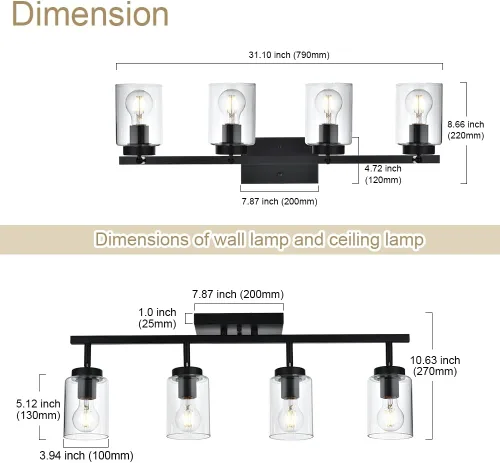 Miniatura 4 de Lámpara de tocador de 4 luces con pantalla de vidrio transparente, multidireccional, giratoria, de metal, con cabezales de riel ajustables