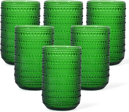 Miniatura 14 de CHLJAR Hobnail - Juego de 6 vasos para beber, juego de cristalería vintage de 14 onzas, vaso de agua verde en relieve para cerveza, jugo, cóctel