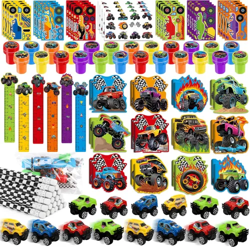 BenLouis Juego de 192 calcomanías de sellos de cumpleaños de camiones monstruos para fiestas de camiones y automóviles, juego de papelería escolar a