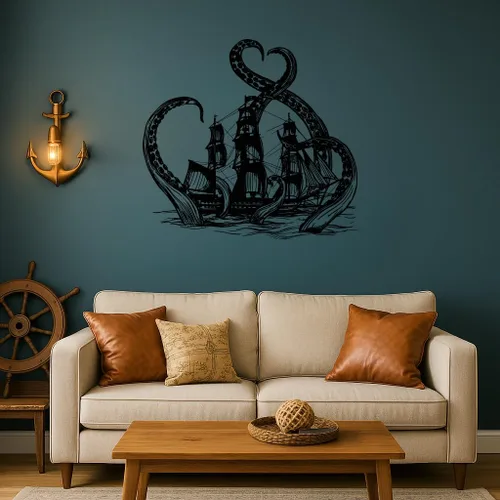 Miniatura 2 de Calcomanía grande de vinilo para pared, tentáculos de pulpo, barco pirata, decoración náutica, habitación, baño, océano, aventura, temática de Gris