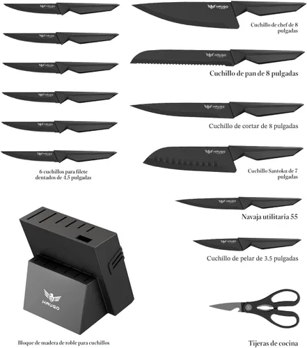 Miniatura 2 de Juego de cuchillos de cocina con bloque: 15 cuchillos profesionales de acero inoxidable de alto carbono, agarre cómodo que reduce la fatiga