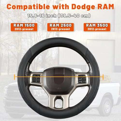 Miniatura 3 de GIANT PANDA Funda para volante de coche para RAM 1500 2500 3500, compatible con Dodge RAM de 15.5 a 16 pulgadas, color negro