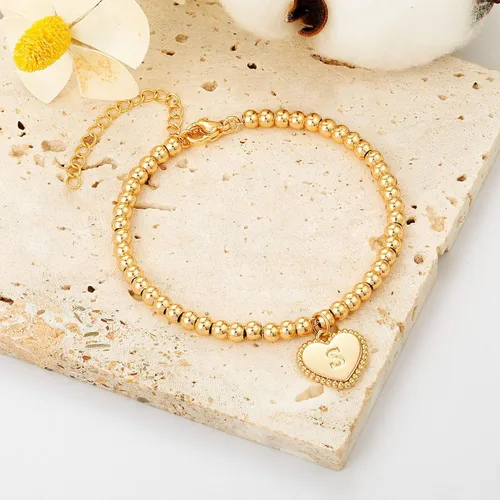 Miniatura 6 de Pulseras con iniciales de corazón de cuentas doradas para mujer, pulsera de bolas chapadas en oro de 14 quilates, dije de corazón hecho a mano