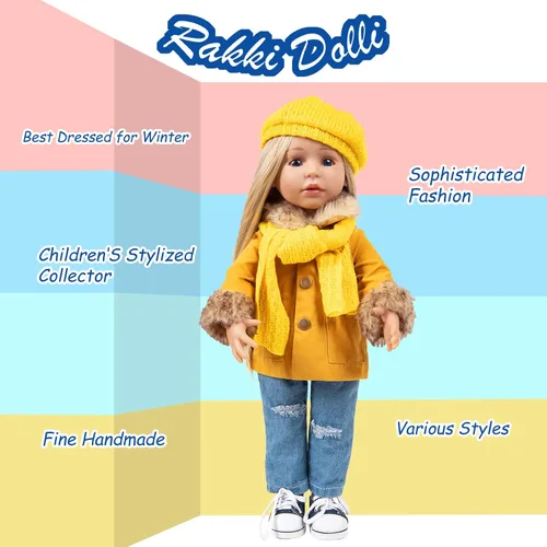 Miniatura 7 de Rakki Dolli Conjunto de Ropa para Muñeca de 18 Pulgadas de 5 Piezas, Conjunto de Abrigo de Invierno Color Mostaza de Moda, Incluye Abrigo Abrigado