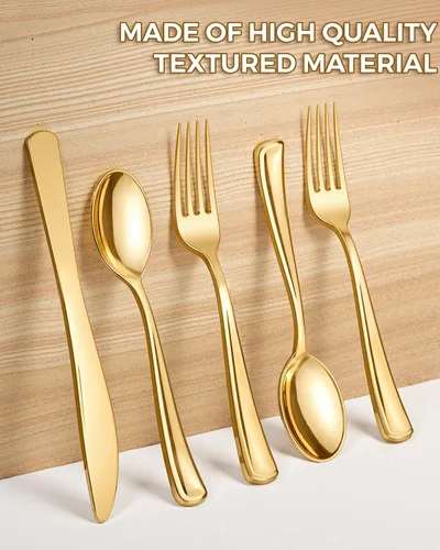 Miniatura 8 de bUCLA 600 cubiertos de plástico dorado – Utensilios dorados desechables – Juego de cubiertos de plástico resistente – 200 tenedores, 200 cucharas