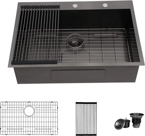 Miniatura 39 de Fregadero de cocina de 25 pulgadas, fregadero de un solo cuenco, color negro mate, calibre 18, 25 x 22 pulgadas, acero inoxidable, montaje superior