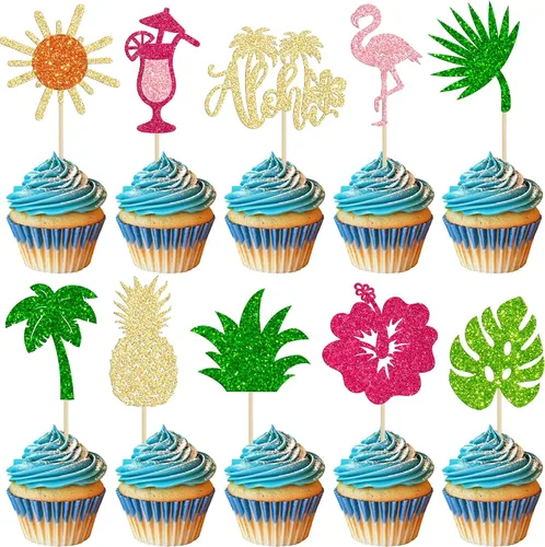 Miniatura 9 de Gyufise 1 pieza de decoración para pastel de cumpleaños Moana con purpurina de hoja de palma, flor de moana para pastel tropical hawaiano Luau, baby
