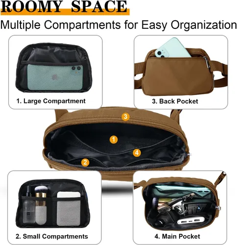 Miniatura 61 de Cangurera cruzada para mujer, mini bolsa para cinturón de 1 litro con correa ajustable de 32 a 51 pulgadas, bolsa de cintura pequeña para viajes