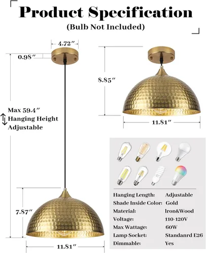 Miniatura 3 de Paquete de 2 luces colgantes doradas para isla de cocina, lámpara colgante de cúpula martillada de 12 pulgadas, luces colgantes de cocina de granja
