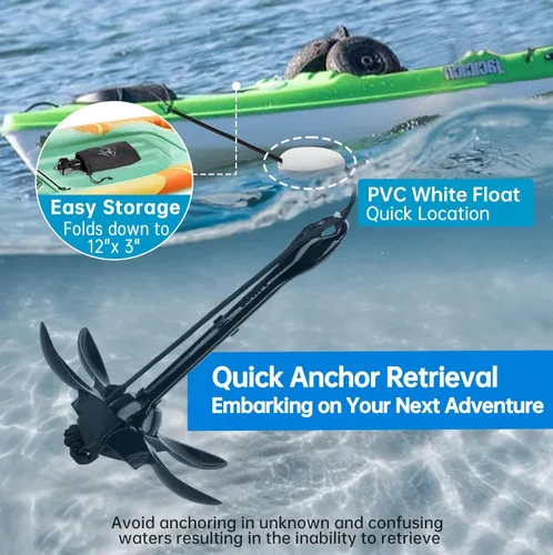 Miniatura 5 de Alpinista Anclaje de kayak, kit de anclaje plegable portátil de 3.5 libras con cuerda marina de 40 pies para kayak, canoas, pesca y accesorios