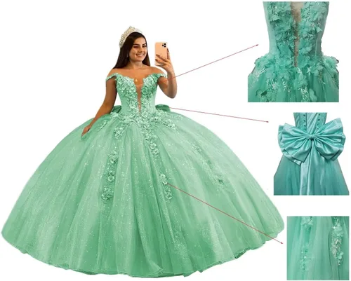 Miniatura 7 de Mauuwy Vestidos de quinceañera de tul de lujo, vestido de baile hinchado brillante dulce 16 vestidos florales fuera del hombro vestido de graduación